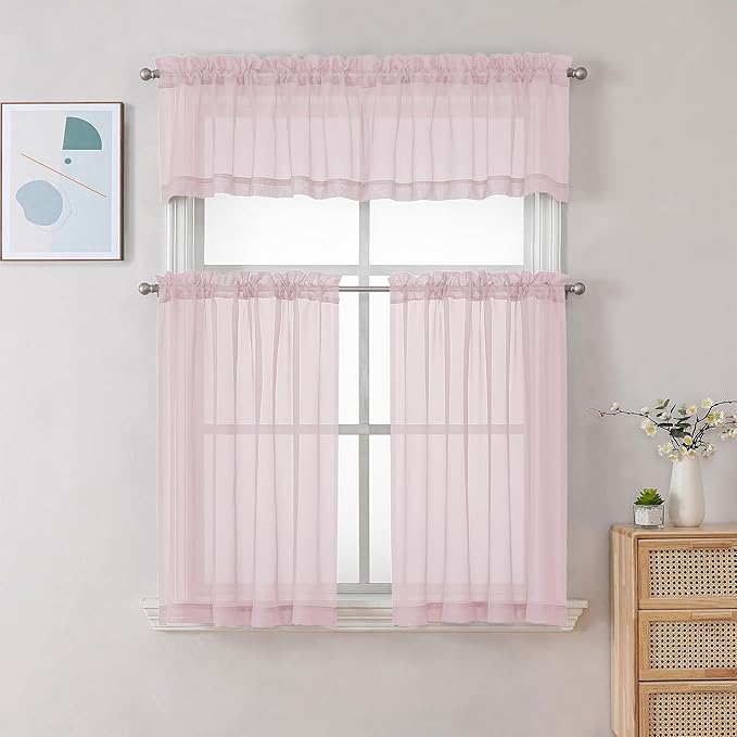 Chyhomenyc Sheer Curtains 36 inch Length 2 Panels, Light Filtering Voile Rod Pocket Short Window Sheer Curtians for Bathroom Living Room, 2PCS, Blush Pink