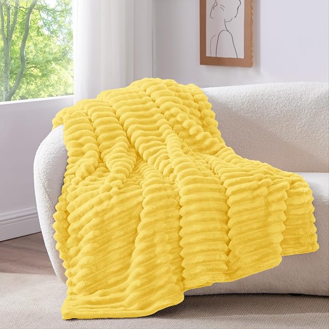 BEDELITE Twin Blanket for Couch & Bed, 300GSM Soft & Warm Fleece Blanket, Decorative and Giftable Striped Custard Yellow Blankets for Women, Men, 60"x80"