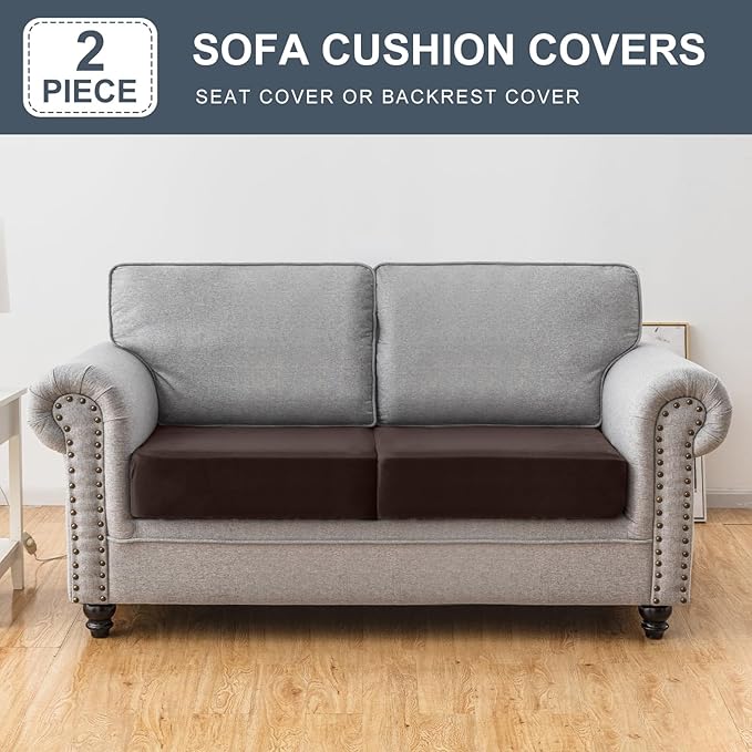 Couch Cover Stretch Velvet Sofa Cushion Cover 2-Piece - Elastic Washable Slipcover for Seat or Backrest, Couch Seat Covers for Sofas (Coffee)
