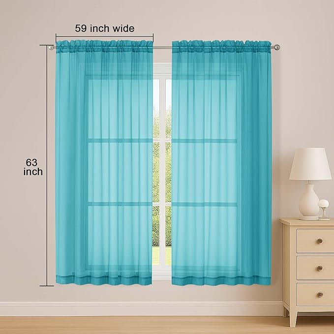 OWENIE Sheer Turquoise Curtains, Sheer Curtains 63 inch Length 2 Panels Set, Rod Pocket Voile Fimly Sheer Drapes for Living Room Bedroom, 2pcs, Turquoise, Each 59" W x 63" L