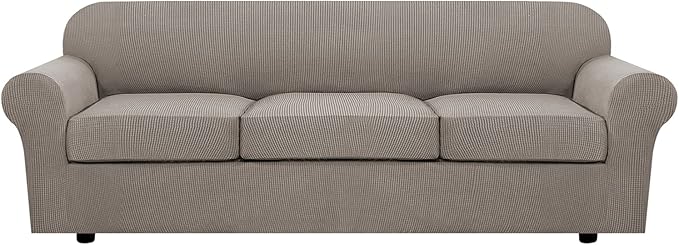 H.VERSAILTEX 4 Piece Stretch Sofa Covers for 3 Cushion Couch Covers for Living Room Furniture Slipcovers (Base Cover Plus 3 Seat Cushion Covers) Upgraded Thicker Jacquard Fabric (XL Sofa, Taupe)