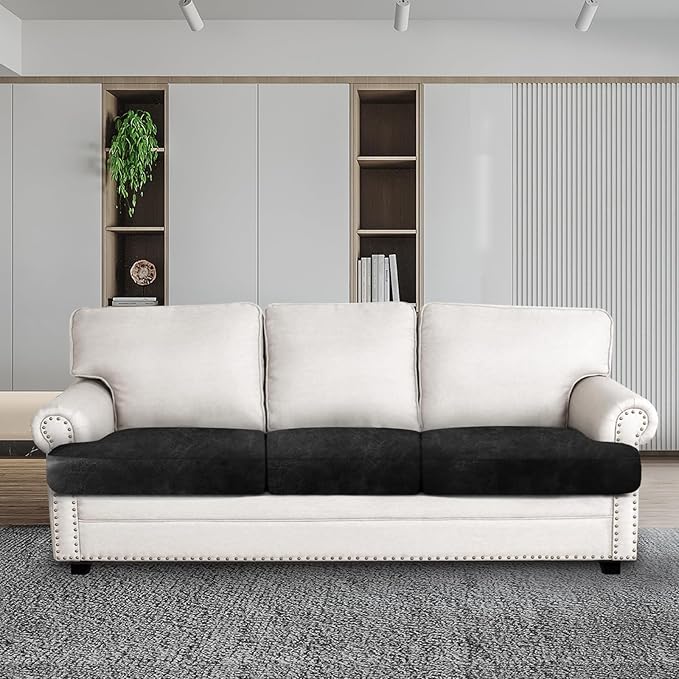 Leather Look Couch Cushion Covers Sofa Seat Slipcovers Sets Couches Furniture Protector for Sectional Armchair Loveseat Pets Kids Stretch Spandex Fabric (3 T-Cushion Sofa, Brown)