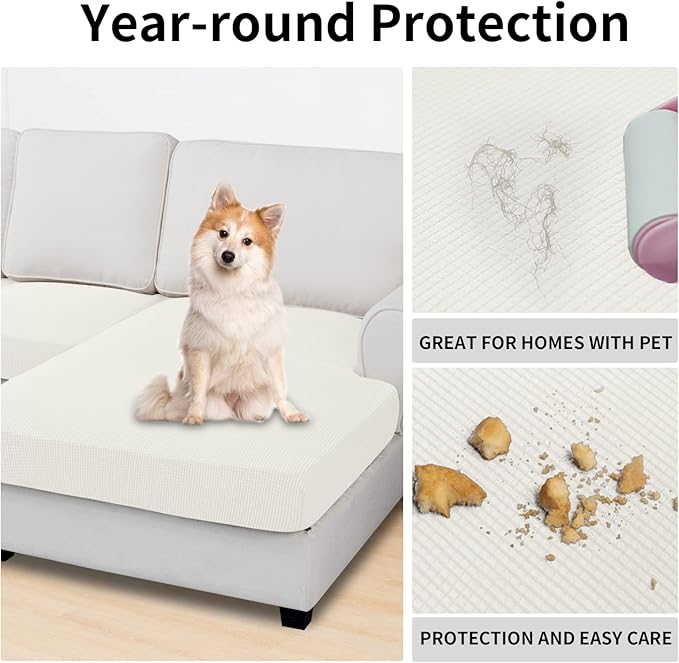 Easy-Going Stretch 4 Pieces Couch Cushion Covers for Sectional Sofa Left/Right L Shape Chaise Lounge Sofa Seat slipcover Anti-Slip Sofa Cover Soft (3 Seater + 1 Chaise, Cream)