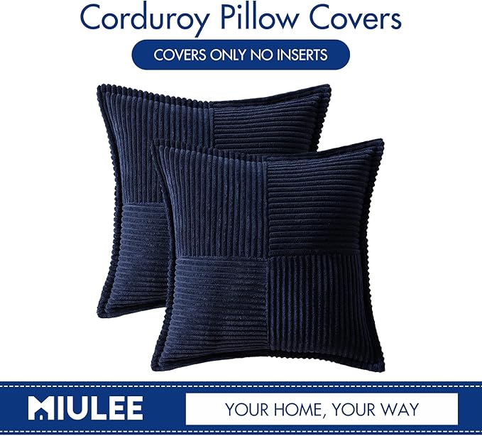 MIULEE Decorative Throw Pillow Covers for Couch Bed Livingroom 16x16 Inch Set of 2 Navy Blue Boho Accent Throw Pllows Broadside Striped Patchwork Soft Corduroy Summer Coastal Pillowcases