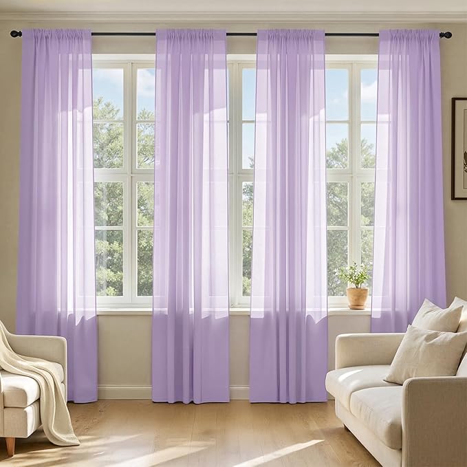 MIULEE Light Purple Sheer Curtains 90 Inches Long, 4 Panels Set, Lavender Light Filtering Rod Pocket Voile Drapes for Living Room and Bedroom, Airy Soft Fabric Window Treatments, 42 x 90 Inches