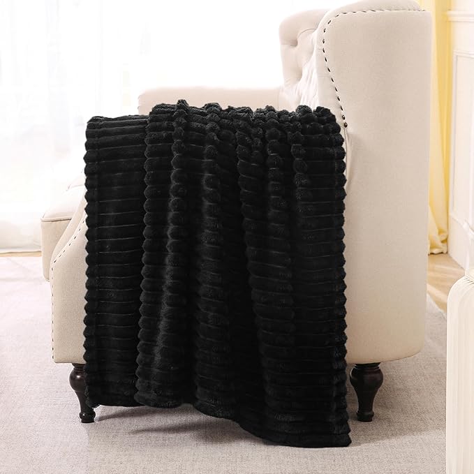 Black Fleece Throw Blanket 60”×80” for Couch Sofa Bed,Super Soft Cozy Plush Microfiber Flannel Blanket with Stripes Design Lightweight for Adults,Woman,Girls