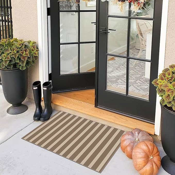 Front Door Mat Outside Entrance - 2x3 Brown Beige Striped Non-Slip Washable Doormat Indoor Outdoor Mat Entry Rug Small Layered Area Rug for Entryway Kitchen Front Porch Decor