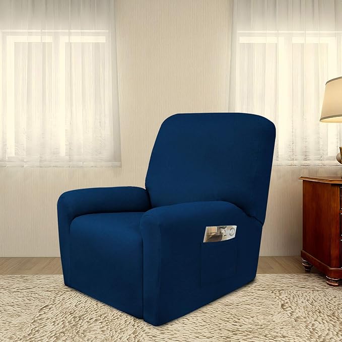 PureFit Super Stretch Chair Sofa Slipcover with Pocket – Spandex Non Slip Soft Couch Sofa Cover, Washable Furniture Protector with Elastic Bottom for Kids, Pets （Recliner, Navy）