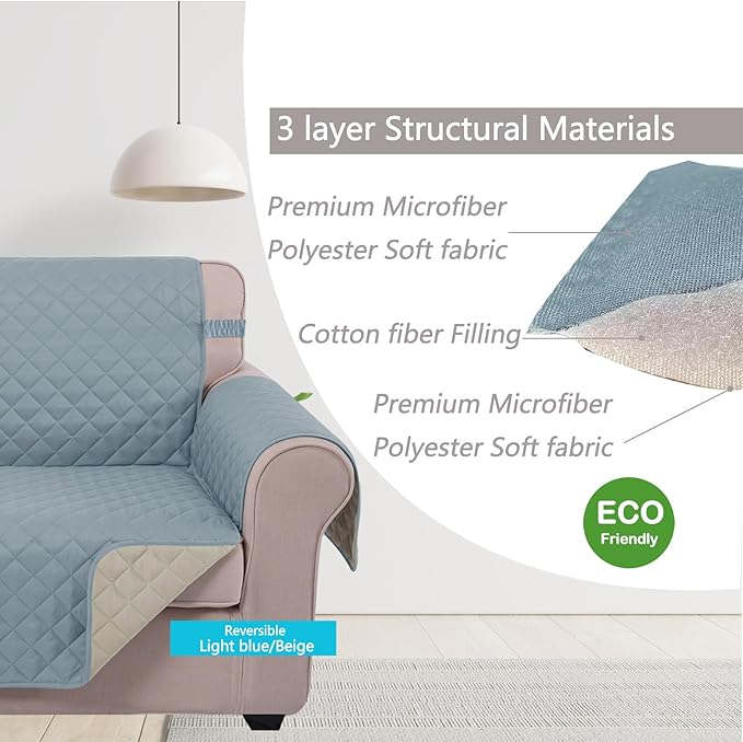 U-NICE HOME Recliner Chair Covers Reversible Quilted Water Repellent Pet Protectors with Elastic Straps (23''Recliner Small, Light Blue/Beige)