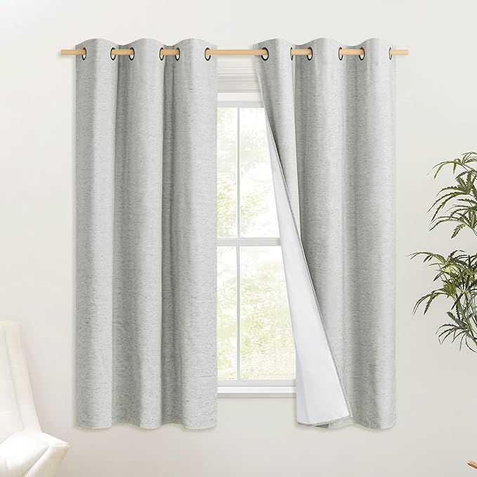 NICETOWN Grey 100% Blackout Curtain Panels, Set of 2, 42" Wide by 45" Long, Thermal Insulated White Thermal Insulated Liner Drapes for Nursery, Noise Reducing and Heat Blocking Drapes for Windows