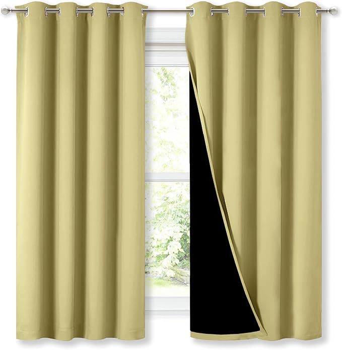 NICETOWN 100% Blackout Curtains with Black Liners, Thermal Insulated Full Blackout 2-Layer Lined Drapes, Energy Efficiency Window Draperies for Bedroom (Paler Yellow, 2 Panels, 52-inch W by 63-inch L)