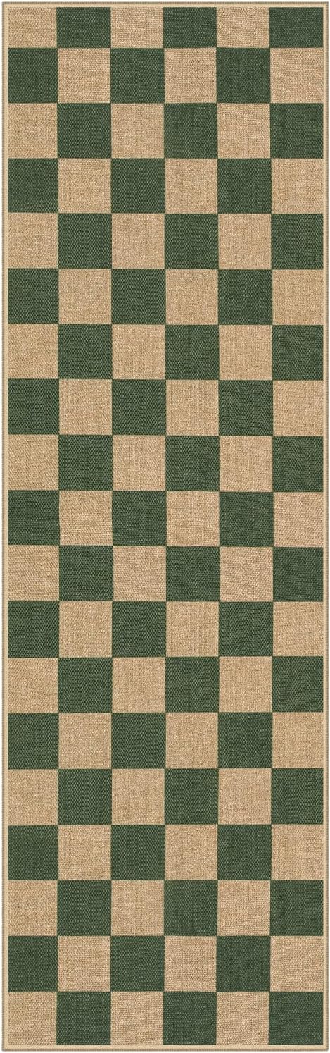 Lahome Colette Checkered Outdoor Runner Rug, 2x8 Green Kitchen Runner Rugs for Non Skid Washable Entryway Carpet, Checkerboard Non Slip Non Shedding Carpet for Bedroom