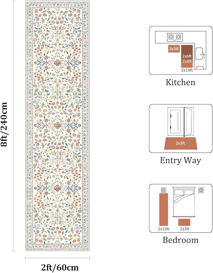 Yamaziot Washable Runner Rug 2x8 – Boho Non Slip Floral Hallway Runner Rug with Rubber Backing, Low Pile Distressed Carpet for Kitchen, Laundry, Bedroom, Entrance, Colorful Beige