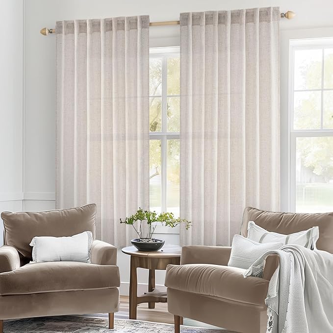 MIULEE White Linen Curtains 63 Inch Length 2 Panels for Bedroom Living Room, Soft Thick Linen Textured Natural Window Drapes Semi Sheer Light Filtering Back Tab Rod Pocket Burlap Look Decor