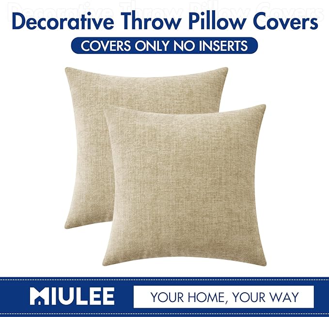 MIULEE Pack of 2 Beige Throw Pillow Covers 20x20 Inch Soft Chenille Pillow Covers for Sofa Living Room Spring Home Decor Couch Solid Dyed Cases