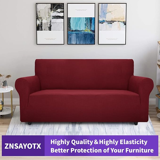 ZNSAYOTX Super Stretch Couch Cover (72"-92") Universal Sofa Covers with Elastic Bottom, Dog Cat Pets Friendly Washable Furniture Protector Fitted Sofa Slipcovers Stay in Place (Wine Red, Sofa)