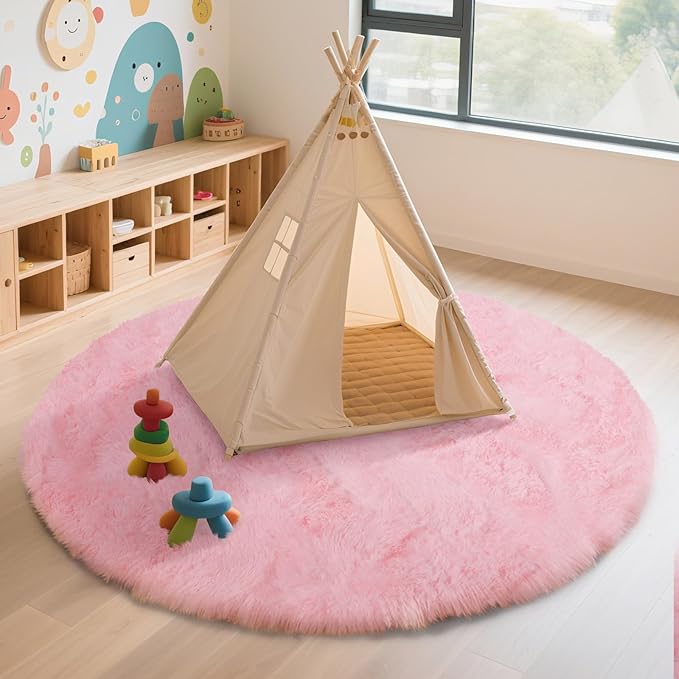 yulidayang Pink Fluffy Round Area Rugs for Bedroom,6'X6'Shag Circle Area Rugs for Girls Room,Non Slip Fuzzy Plush Rug for Kids Room Living Room and Dorm Home Decor Rug