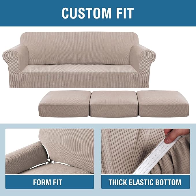 H.VERSAILTEX 4 Piece Stretch Sofa Covers for 3 Cushion Couch Covers for Living Room Furniture Slipcovers (Base Cover Plus 3 Seat Cushion Covers) Thicker Jacquard Fabric (Large Sofa, Sand)