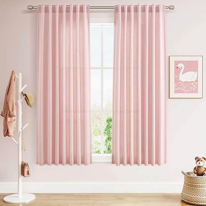 Pink Curtains 63 Inches Long 2 Panel Sets for Baby Girl Bedroom Light Filtering Linen Drapes for Kitchen Windows Rod Pocket Back Tab Short See Through Curtain Home Decor 52x63