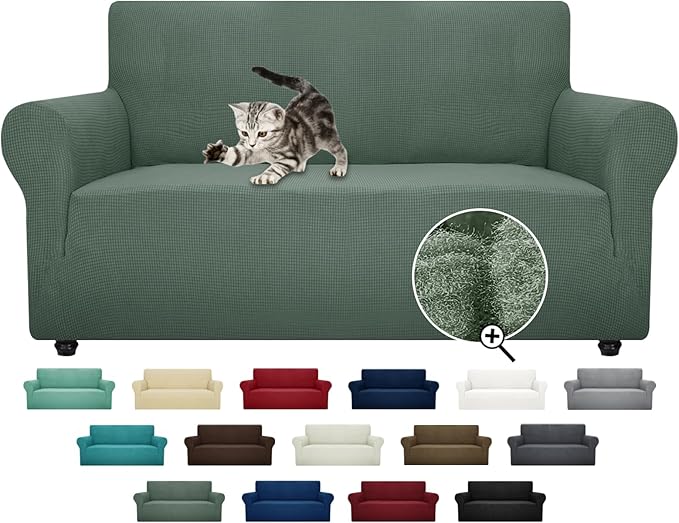 ZNSAYOTX Super Stretch Couch Cover Love Seat Sofa Covers for Living Room Dogs Pet Friendly Furniture Protector Spandex Loveseat Slipcovers with Anti Slip Foam Sticks (Pea Green, Loveseat)