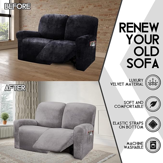 ULTICOR Reclining Love Seat Slipcover, 48" - 65" L, 6-Piece Velvet Stretch Loveseat Reclining Sofa Covers, 2 seat Love seat Recliner Cover, Thick, Soft, Washable (Light Grey)