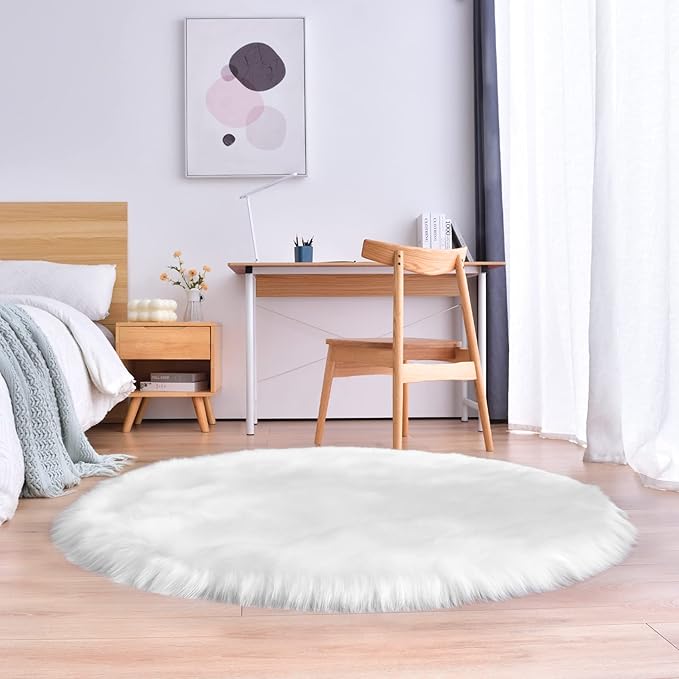 duduta White Faux Sheepskin Round Rug 4x4 ft, Fluffy Shag Fur Bedroom Nursery Kids Playroom Rug Dorm Decor Non Slip Washable