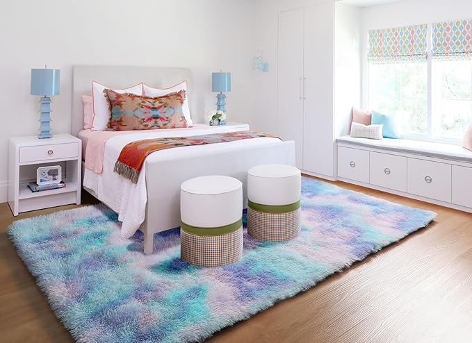 ONASAR Fluffy Area Rugs for Girls Bedroom, 4x6 Purple Rainbow Bedside Rug, Indoor Cute Ultra Soft Plush Shag Floor Carpets for Nursery Kids Teen Girl Dorm Princess Room Playroom Home Decor