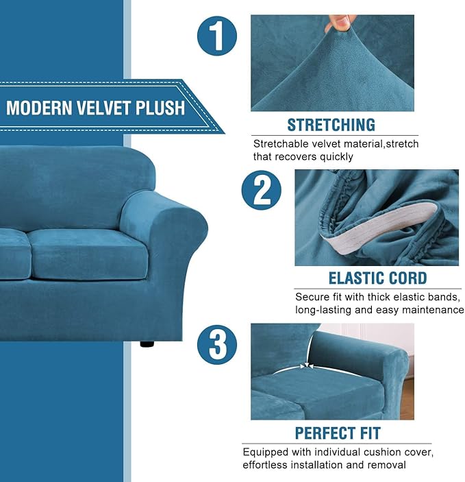 H.VERSAILTEX High Stretch Sofa Slipcover 4 Piece Cover Velvet Furniture Protector Form Fit Thick Velvet Extra Large Sofa Cover for 3 Cushion Couch Width Up to 97 Inch (Large Sofa, Peacock Blue)