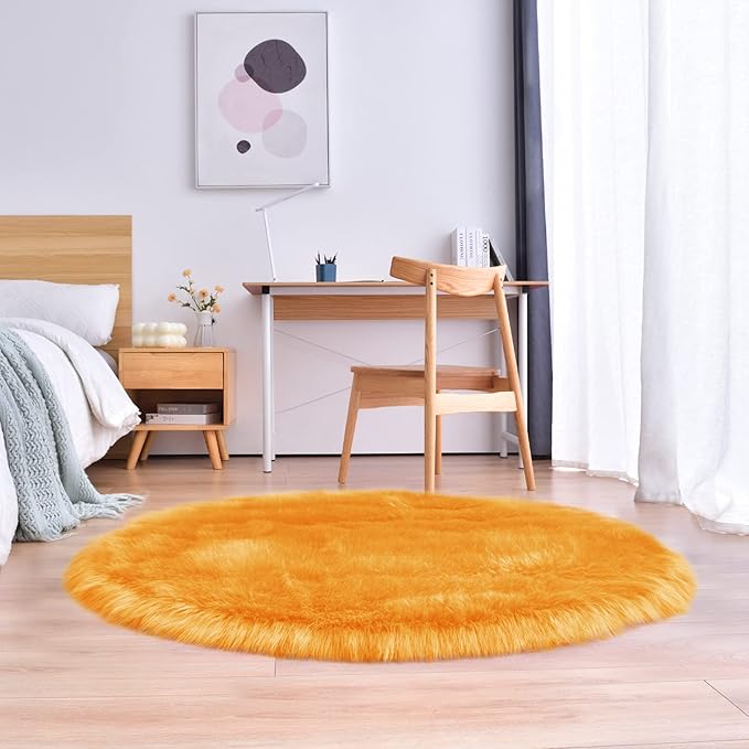duduta Yellow Faux Sheepskin Round Rug 4x4 ft, Fluffy Shag Fur Bedroom Nursery Kids Playroom Rug Dorm Decor Non Slip Washable