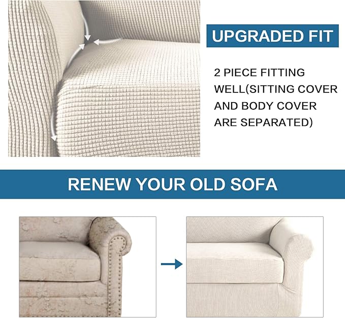 H.VERSAILTEX 2 Piece Couch Cover Stretch Stylish Chair Cover Furniture Cover/Protector Featuring Jacquard Textured Twill Fabric, High Polyester and Spandex Slipcover Machine Washable(Chair, Natural)