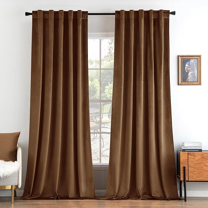 MIULEE Velvet Curtains 108 inches - Luxury Blackout Curtains for Bedroom Living Room Thermal Insulated Super Soft Window Drapes Rod Pocket & Back Tab, Brown, W52 x L108 inches, 2 Panels