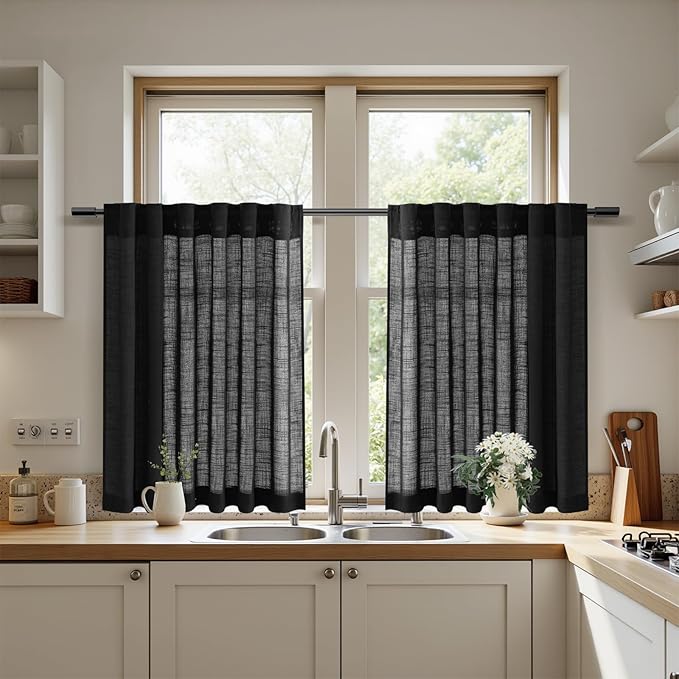 Nanspring Black Linen Curtains 24 Inch Length for Kitchen Small Windows Privacy Front Door Back Tab and Rod Pocket Drapes for Cafe Camper Small Curtains, 30 x 24 Inch,2 Panels