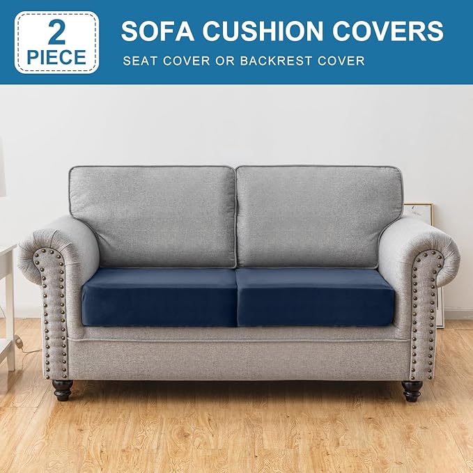 Couch Cover Stretch Velvet Sofa Cushion Cover 2-Piece - Elastic Washable Slipcover for Seat or Backrest, Couch Seat Covers for Sofas (Berlin Blue)