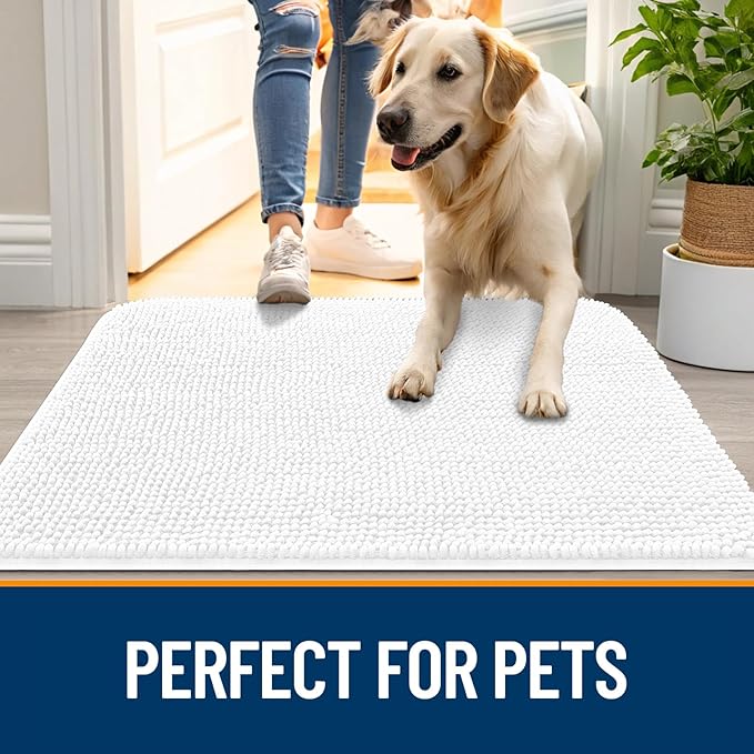 OLANLY Dog Door Mat for Muddy Paws 47x17, Absorbs Moisture and Dirt, Absorbent Non-Slip Washable Doormat, Quick Dry Chenille Mud Mat for Dogs, Entry Indoor Entryway Carpet for Inside Floor, White