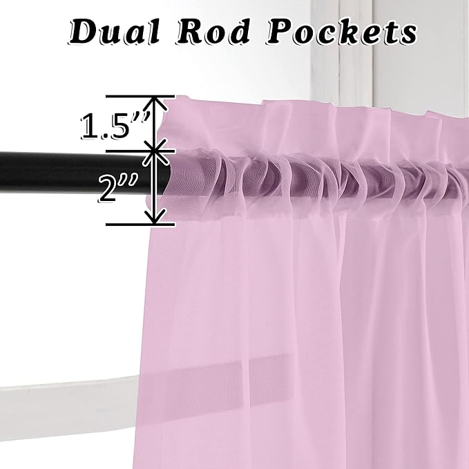 OVZME 2 Pack Pink Sheer Curtains 63 Inch Length, Light Filtering Window Curtain Drapes Treatment for Kitchen, Bedroom Living and Children Room, Voile Top Dual Rod Pocket, 2 Pack of 42 x 63"