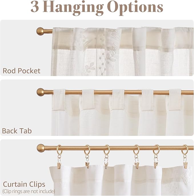 jinchan Belrose Linen Floral Cafe Curtains 54 Inch Length Embroidered Farmhouse Curtains for Kitchen Bedroom Bathroom Small Windows Curtain Set Light Filtering 2 Panels White