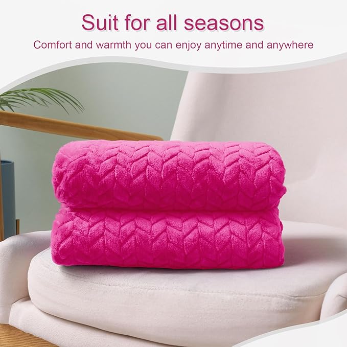 Exclusivo Mezcla Fleece Throw Blanket for Couch and Bed, 50x70 Inches Soft Cozy Jacquard Flannel Blankets, Lightweight Fuzzy Plush Warm Throws for Women, Hot Pink