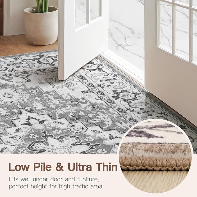 Lofus 2x3 Washable Rug for Entryway Bathroom, Non Slip Kitchen Mats for Floor, Vintage Soft Door Mat Indoor Entrance, Small Area Rugs, Farmhouse Carpet for Entry Living Room Bedroom, Floral Grey