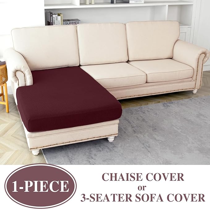Couch Cushion Chaise Lounge Cover Washable Separate Seat Chaise Couch Cover Stretch Sectional Sofa Slipcover (1 Piece for Chaise or Sofa 3-Seater, Burgundy)