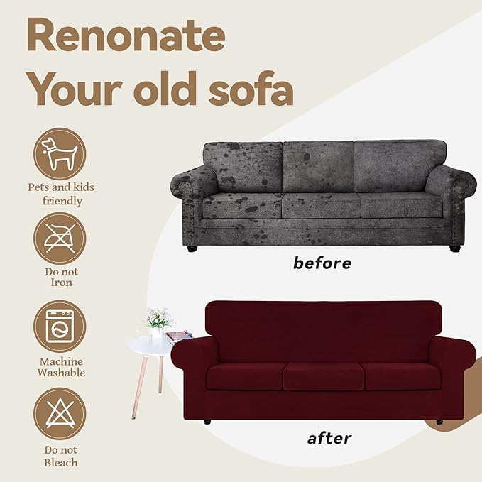 WEERRW Velvet High Stretch Couch Covers for 3 Cushion Couch Sofa Slipcovers, Washable Furniture Protector with Non Slip Elastic Bottom, Feature Soft and Thick Plush Fabric, Burgundy, Large