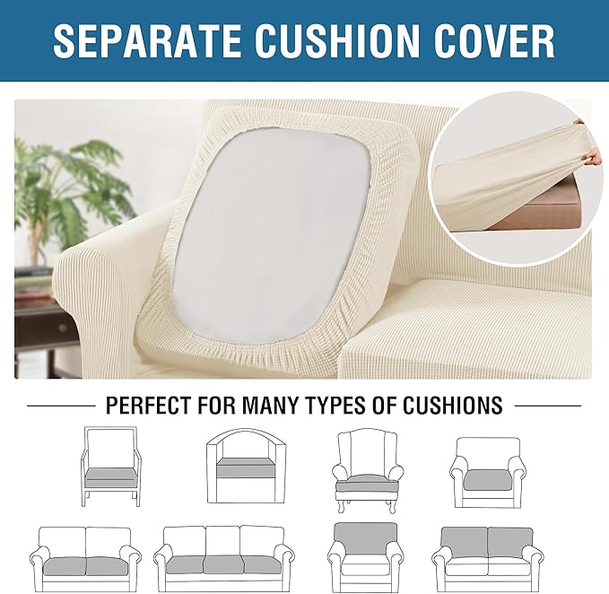 H.VERSAILTEX 4 Piece Stretch Sofa Covers for 3 Cushion Couch Covers for Living Room Furniture (Base Cover Plus 3 Seat Cushion Covers) Upgraded Thicker Jacquard Fabric (Sofa, Cream)