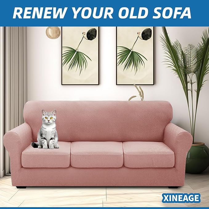XINEAGE New 4 Pieces Extra Large Couch Covers for 3 Cushion Sofa Super Stretch Sofa Cover for 3 Large Seat Cushion Universal Slip Cover for Living Room (Dusty Pink), 91"-110"(3 Cushions)