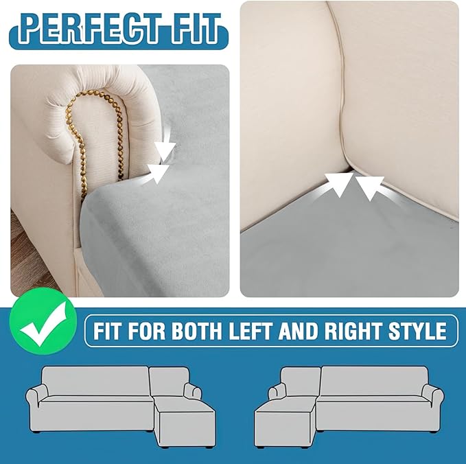 Couch Cover 8-Piece Elastic Velvet Couch Cushion Covers & Chaise Slipcovers for L-Shaped Sofas - Sofa Seat Covers Washable, Soft Protector for Couches (7 Seater + Chaise, Light Grey)