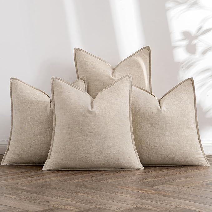 MIULEE Beige Linen Pillow Covers Pack of 4 Decorative Natural Solid Throw Pillow Covers Soft Accent Boho Farmhouse Couch Pillowcases Modern Spring Home Decors for Living Room Bed Sofa 18x18 Inch
