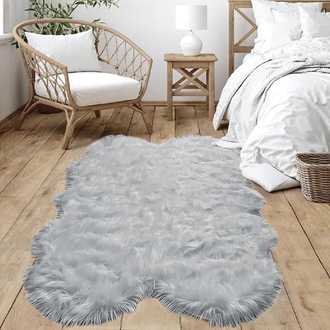 Goolela Faux Sheepskin Fur Rug 4x6 Grey Fluffy Fuzzy Furry Area Rug for Bedroom Playroom Plush Shaggy Washable Irregular Sheepskin