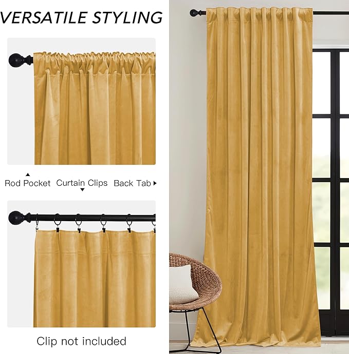 RYB HOME Mustard Yellow Velvet Curtains 84 inches, Back Tab Soft Fabric Room Darkening Thermal Insulated Luxurious Home Decor Curtains for Living Room Bedroom, W 52" x L 84", 2 Panels Set