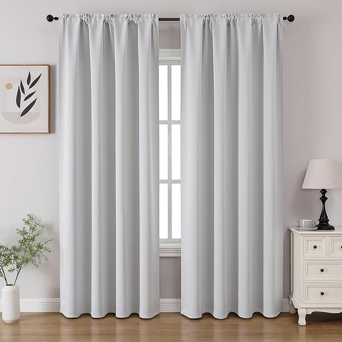CUCRAF Grayish White Blackout Curtains 84 inch Length 2 Panels Set, Rod Pocket Room Darkening Drapes for Bedroom Living Room, Insulated Thermal Light Blocking Window Curtain (W52 x L84 Inch)