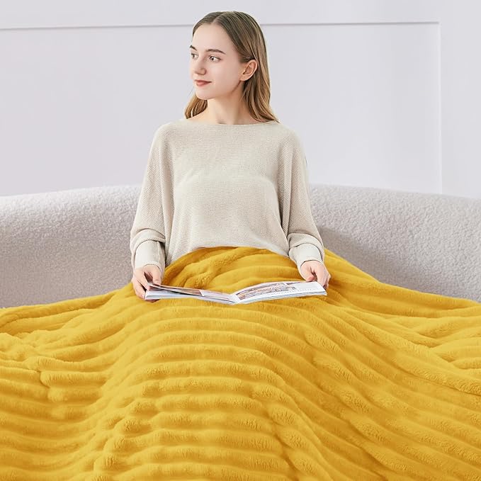 BEDELITE Fleece Throw Blanket for Couch - 300GSM Soft & Warm Fluffy Yellow Blanket, Decorative and Giftable Striped Blankets for Women, Men, 50"x60"