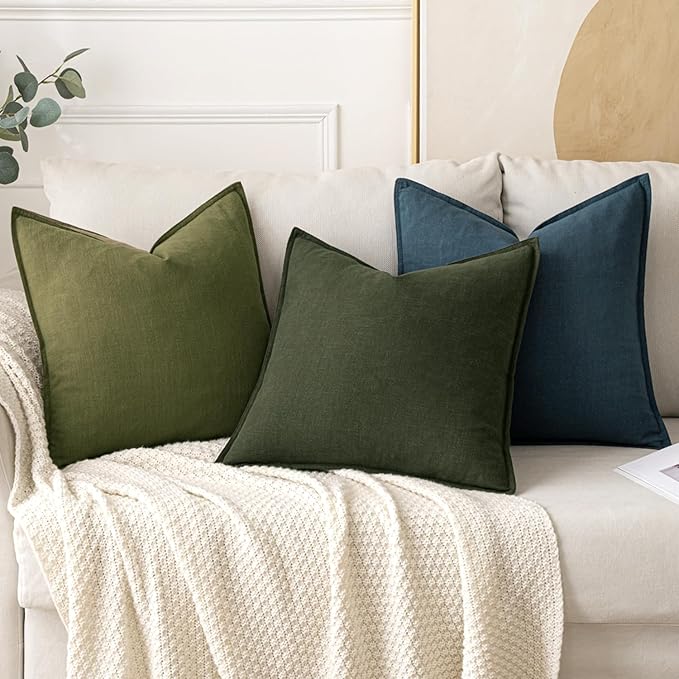 MIULEE Decorative Linen Euro Sham Pillow Covers 24x24 Inch Green Boho Farmhouse Neutral Couch Throw Pillows for Bed Pack of 2 Accent Outdoor Pillowcase Modern Sofa Cushion Livingroom Home Decor