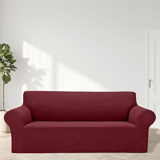 Cupuamon 2026 New Stretch Sofa Slipcovers Couch Cover for 3 Cushion Furniture Protector Sofa Covers with Elastic Bottom Jacquard Fabric Small Checks for Pets, Kids -Sofa, Dark Red